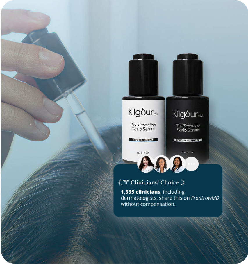KilgourMD hair growth quiz preview with Prevention and Treatment scalp serum bottles